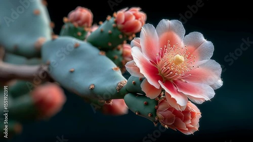 Closeup time-lapse of cactus flower blooming with soft peach petals and green pads, isolated on black for dramatic effect.