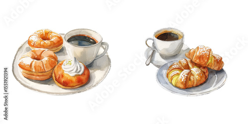 danish pastry and coffee watercolor vector illustration
