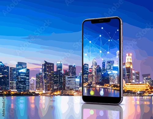 Smartphone Displaying Night Cityscape with Skyscrapers and Water Reflections in a Pixelated Digital Art Style