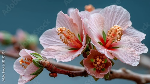 Time-lapse image of pink hibiscus flower in full bloom with unopened buds and urban environment blurred in the background.