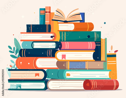 Stack of Colorful Books with Teal Orange Pink and Red Tones in an Educational Still Life Illustration with Neutral Background and Some Plants