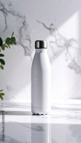 Modern white insulated bottle with stainless steel cap on marble surface, lit by soft natural light and leafy shadow accents.