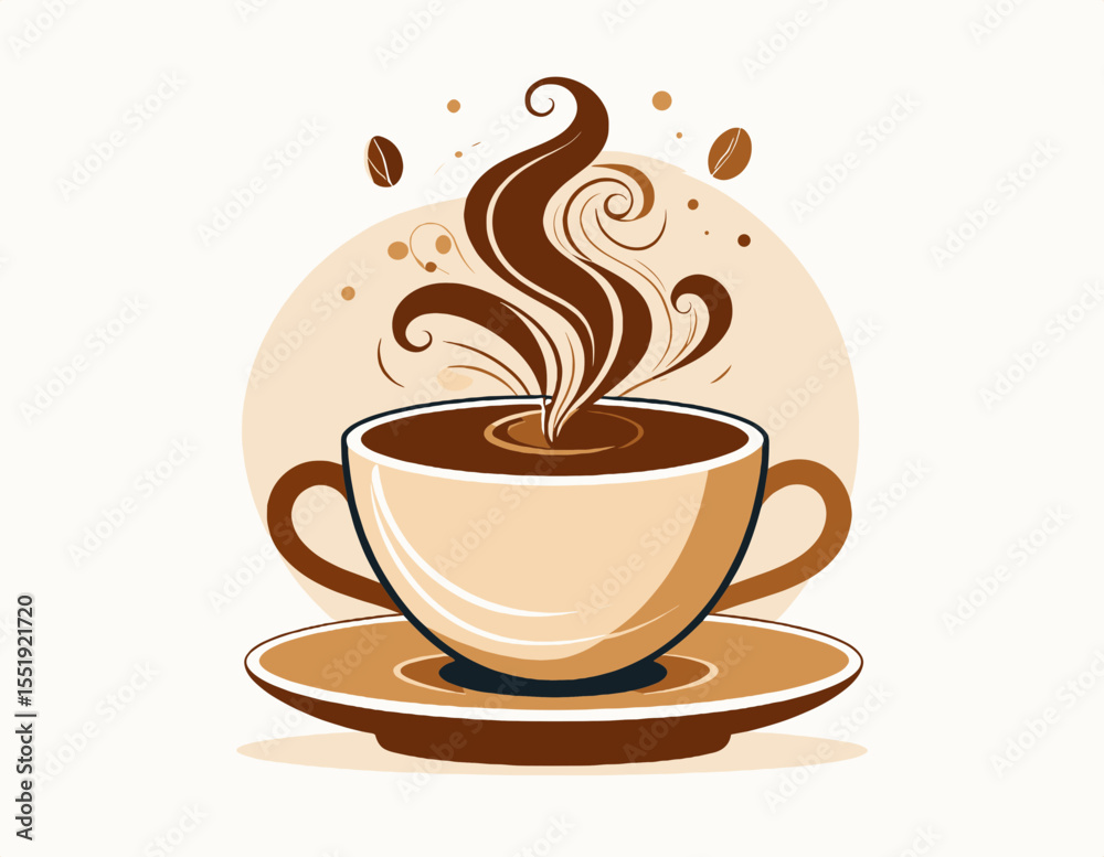 Obraz premium Stylized Beige Coffee Cup with Brown Steam on a Saucer in Digital Art on White Background