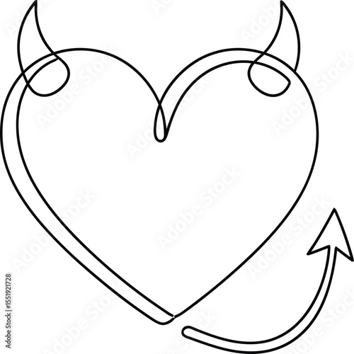 Minimalist Devil Heart Line Art Horns, Tail, Love Symbol Illustration