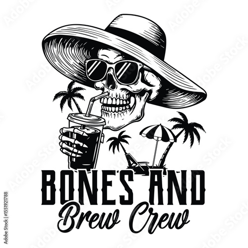 Bones and brew crew skull enjoying a tropical drink summer vacation svg t-shirt design