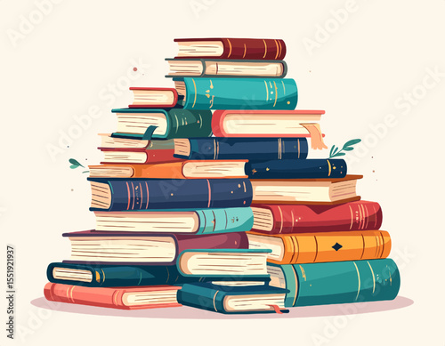 Tall Stack of Colorful Books with Varying Thickness in Warm Lighting on White Background Depicts Reading Literature