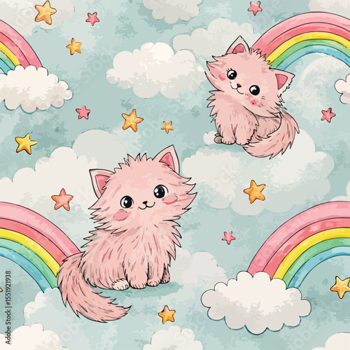 Adorable Pink Kittens in a Rainbow Sky A Cute Seamless Pattern