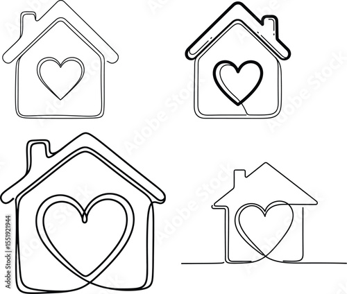 Minimalist House with Heart Symbol Continuous Line Art Illustrations Collection