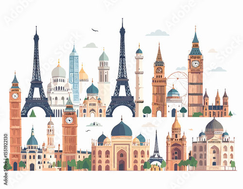 Various Global Landmarks and Historical Monuments on White Background Featuring Iconic Architectural Designs with Diverse Cultural Styles and Structures
