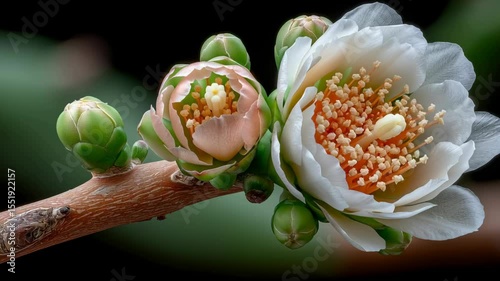 Time-lapse photo of cactus flower blooming with white petals and green buds on a branch, isolated background.