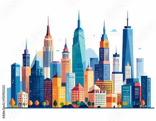Vibrant Cityscape Skyline with Colorful Skyscrapers and Modern Architecture in Daytime Illustration