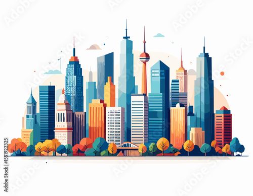 Vibrant Cityscape Skyline Illustration with Colorful Skyscrapers and Urban Architecture Against a Clean White Background