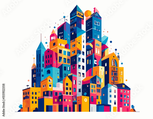 Vibrant Cityscape with Geometric Architecture and Colorful Buildings in Urban Design with a White Background and Modern Abstract Style