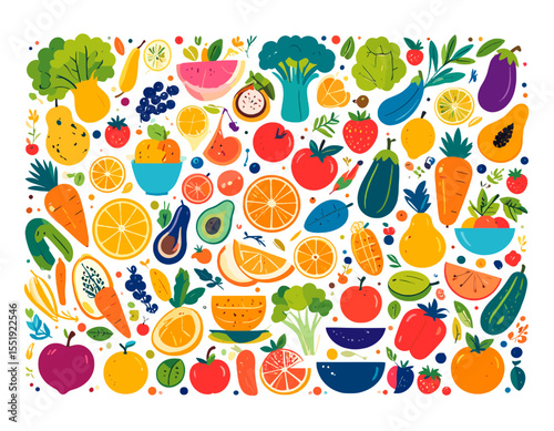 Vibrant Fruit and Vegetable Still Life Featuring an Assortment of Colorful Produce on a White Background Displaying Natural Refreshment