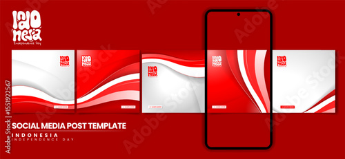 Set of carousel post template with waving red white shapes background for national day campaign