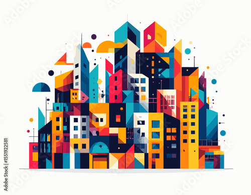 Vibrant Geometric Cityscape Featuring Colorful Abstract Buildings and Modern Architecture in Daytime Setting