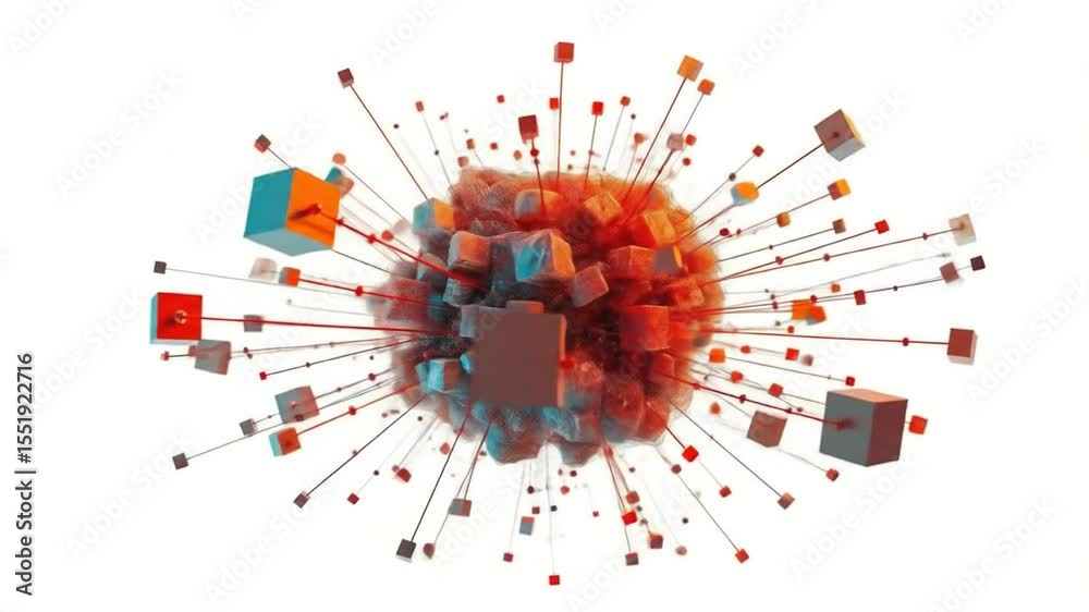 blue, orange exploded cube data network on white background. Technological structure, modern pattern with digital connections, information flow. 4k video