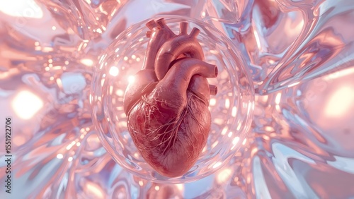 Human Heart in Glass Orb: A detailed close-up of a human heart, showcased within a translucent glass orb, bathed in soft, ethereal lighting.