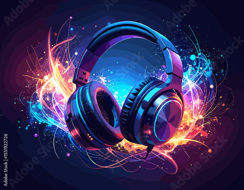 Vibrant Headphones with Neon Light Accents on Dark Background Modern Audio Equipment for Immersive Music Experience and High Quality Sound
