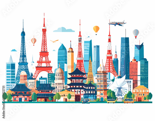Vibrant International Cityscape with Landmarks Towers Skyscrapers and Modern Architecture in a Colorful Vector Illustration Style