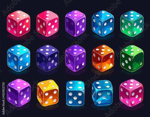 Vibrant Isometric Pixel Art Dice Set in Various Colors on Dark Background for Gaming and Casino Theme Illustration