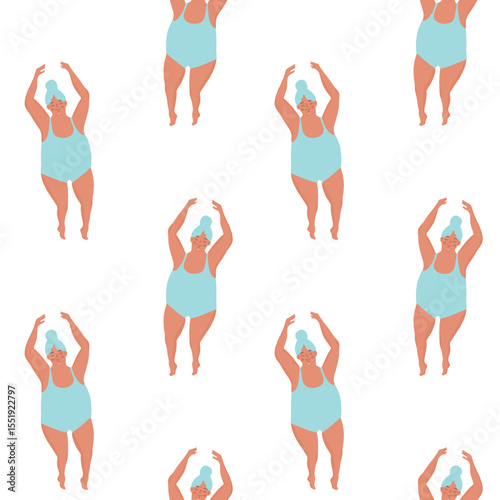 Plus-size woman practicing dance and body ballet. Seamless pattern. Body-positive concept showcasing enjoyment of exercise, active lifestyle, self-love, and acceptance. Celebration of body diversity.