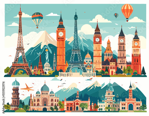 Vibrant Pixel Art Cityscapes Featuring European Landmarks And Mountain Backdrops Under Sunny Sky