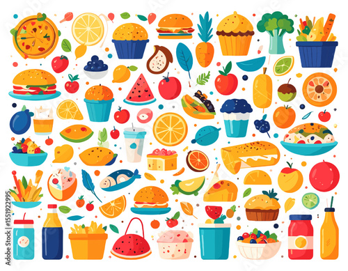 Vibrant Pixel Art Collection of Food Icons on White Background Featuring Burgers Pizza Cakes and Colorful Fruits in Retro Digital Style