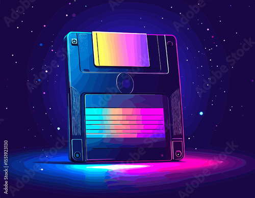 Vibrant Pixel Art of a Floppy Disk Against a Deep Space Background Glowing with Neon Colors in Retro Style