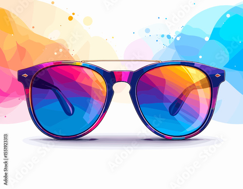 Vibrant Pixelated Sunglasses with Rainbow Gradient Lenses and Abstract Background Colorful Eyewear Fashion Accessory Modern Art on White