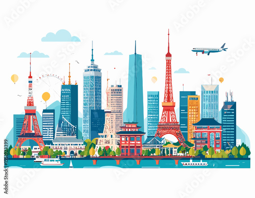 Vibrant Tokyo Cityscape Flat Vector Illustration Featuring Iconic Buildings and Landmarks in a Modern Urban Setting with Detailed Architecture