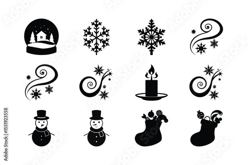 Festive Christmas Icon Collection Black and White Holiday Decorations Winter Season Celebrations