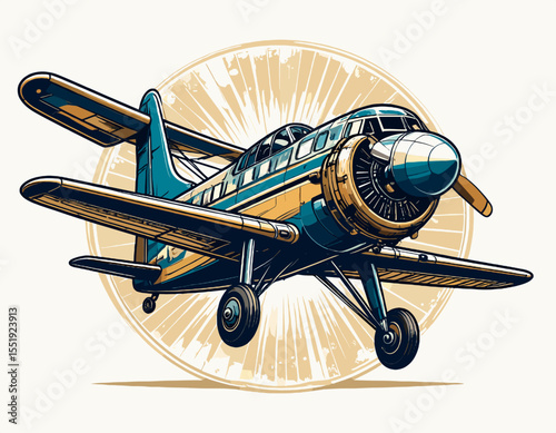 Vintage Pixel Art Airplane with Propeller in Blue and Beige Colors Against a Burst Background