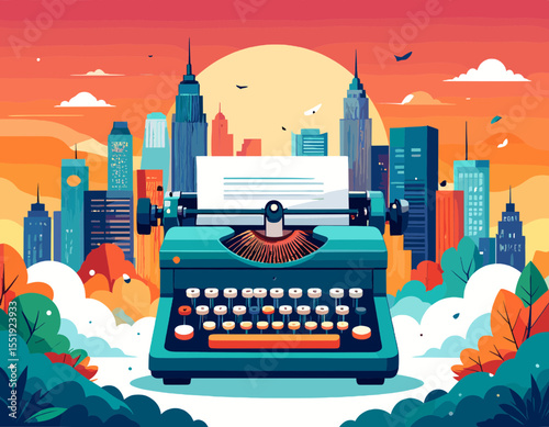Vintage Turquoise Typewriter Against New York Cityscape at Sunset in Colorful Pixel Art Illustration