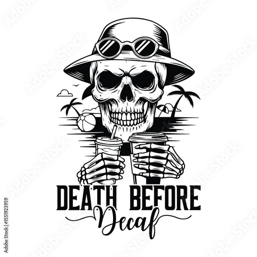 Funny skull graphic in beach setting holding coffees svg t-shirt design