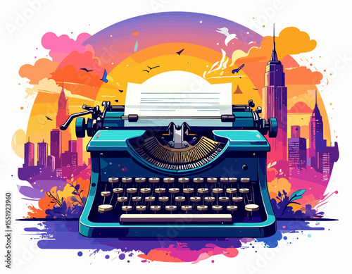 Vintage Turquoise Typewriter with New York Cityscape at Sunset Pixel Art Style