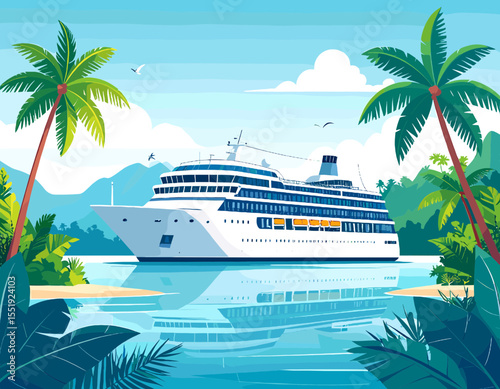 White Cruise Ship on Turquoise Sea Near Tropical Island with Palm Trees in Pixel Art Style