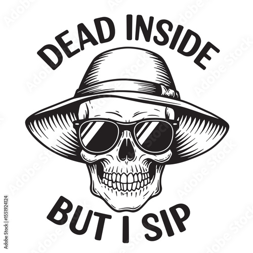 Funny skull with sunglasses and a hat dead inside but i sip svg t-shirt design