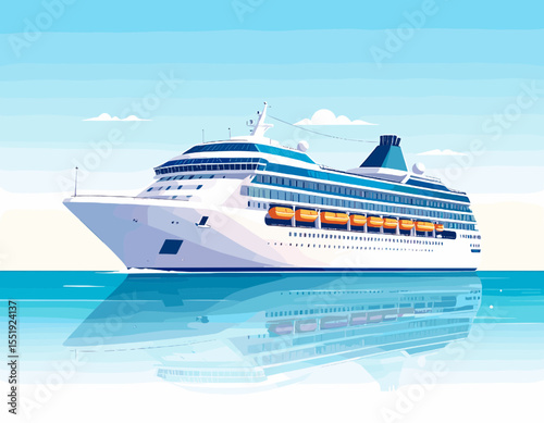 White Cruise Ship Sailing on Blue Ocean Water Under a Sunny Sky in Pixel Art Style with Reflections