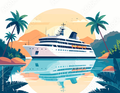 White Cruise Ship with Palm Trees on a Tropical Island Landscape on Turquoise Water during a Sunset