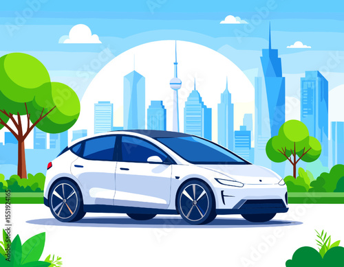 White Electric Car Driving Through a Vibrant Cityscape with Modern Buildings and Green Trees on a Sunny Day in Flat Pixel Art Style