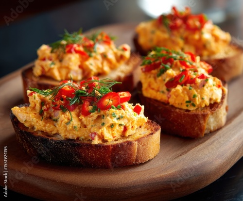 Homemade Bruschetta with Pimento Cheese, with space for copying