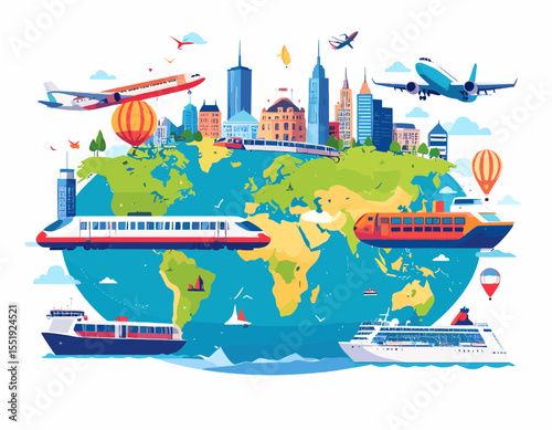 Worldwide Transportation Over Green and Blue Globe Featuring Airplanes Trains and Ships with City Skylines on a White Background