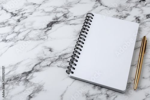 Blank spiral notebook with gold pen on marble background Space for text