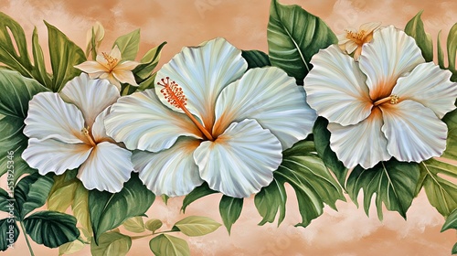 Beautiful white hibiscus flowers amidst lush green leaves.