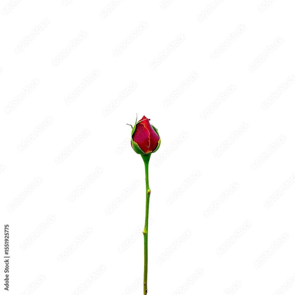 Fototapeta premium A close-up view of a vibrant red rose bud on a green stem against a black background.