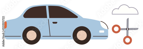 Blue car alongside cloud and scissors symbolizing automobile customization, repair, creativity, industry tools, and cloud-based technology. Ideal for automotive services, innovation, repair, design