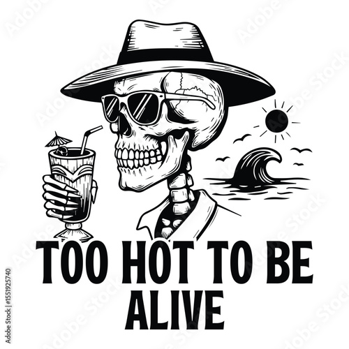 Skull enjoying tropical drink on the beach too hot to be alive svg t-shirt design