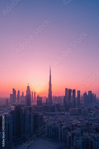 minimalistic aerial view of dubai skyline at sunset with ample copy space