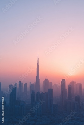 minimalistic aerial view of dubai skyline at sunset with ample copy space